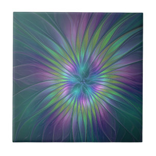 Colorful Shiny Fantasy Flower Abstract Fractal Art Ceramic Tile