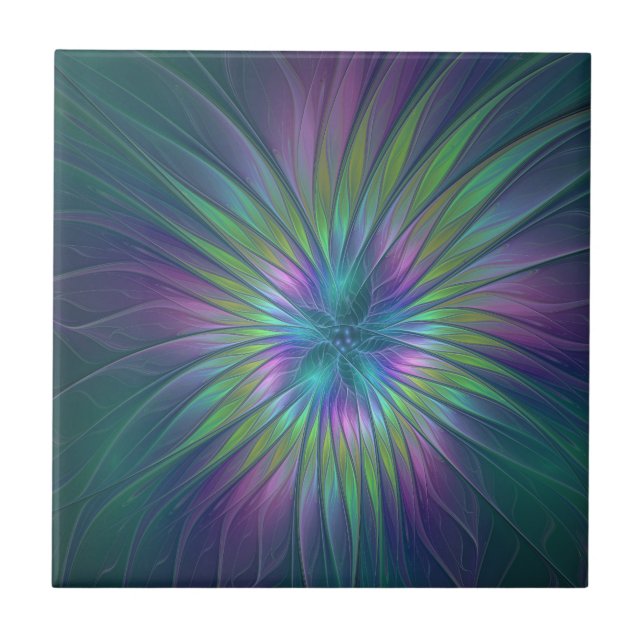 Colorful Shiny Fantasy Flower Abstract Fractal Art Ceramic Tile (Front)