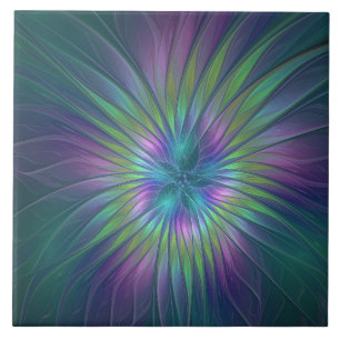 Colorful Shiny Fantasy Flower Abstract Fractal Art Ceramic Tile