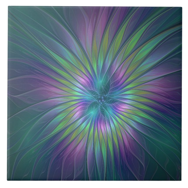 Colorful Shiny Fantasy Flower Abstract Fractal Art Ceramic Tile (Front)