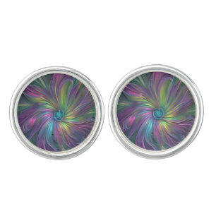 Colorful Shiny Fantasy Flower Abstract Fractal Art Cufflinks