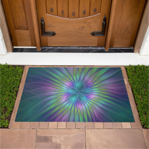 Colorful Shiny Fantasy Flower Abstract Fractal Art Doormat