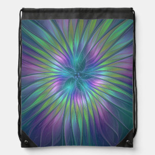 Colorful Shiny Fantasy Flower Abstract Fractal Art Drawstring Bag