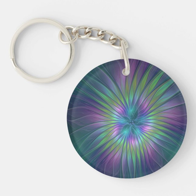 Colorful Shiny Fantasy Flower Abstract Fractal Art Keychain (Front)