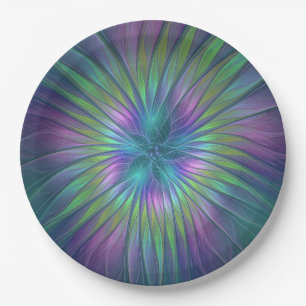 Colorful Shiny Fantasy Flower Abstract Fractal Art Paper Plates