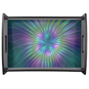 Colorful Shiny Fantasy Flower Abstract Fractal Art Serving Tray