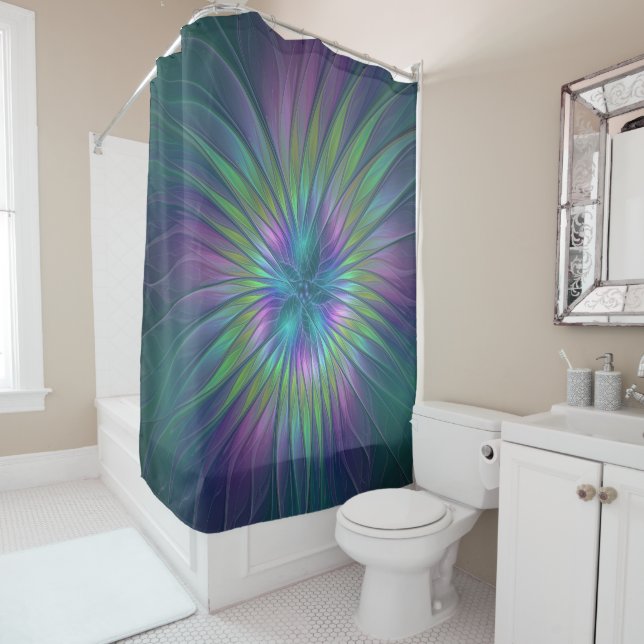 Colorful Shiny Fantasy Flower Abstract Fractal Art Shower Curtain (In Situ)
