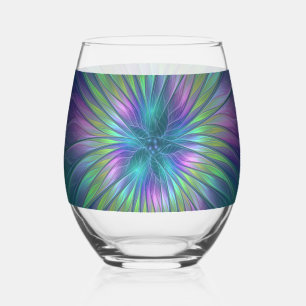 Colorful Shiny Fantasy Flower Abstract Fractal Art Stemless Wine Glass