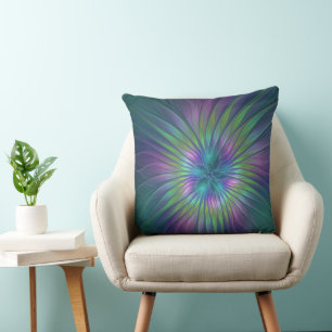 Colorful Shiny Fantasy Flower Abstract Fractal Art Throw Pillow