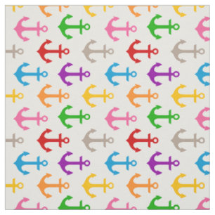 Colorful Ship Anchor Design White  Fabric