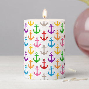 Colorful Ship Anchor Design White Pillar Candle