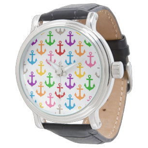 Colorful Ship Anchor Design White Watch