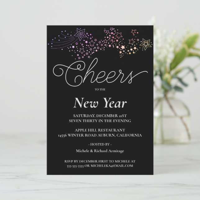 Colorful Shooting Stars New Years Invitation (Standing Front)