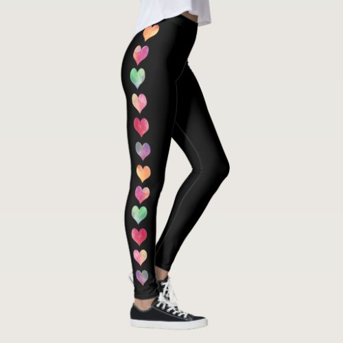 Colorful Side Stripe Watercolor Hearts Ladies Yoga Leggings
