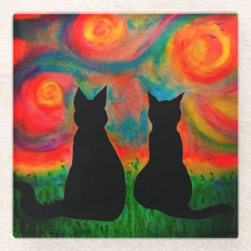 Colorful Silhouette Black Cats Glass Coaster