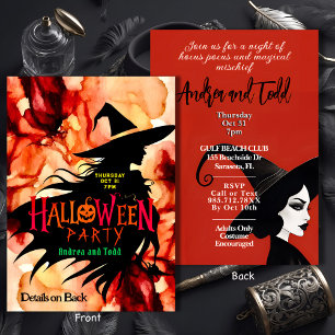 Colorful Silhouette witch watercolor Halloween Invitation