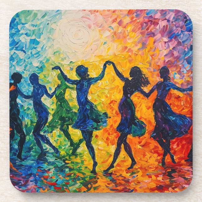 Colorful Silhouettes Dancing Beverage Coaster (Front)