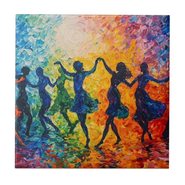 Colorful Silhouettes Dancing Ceramic Tile (Front)