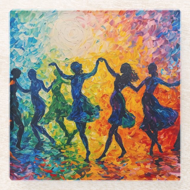 Colorful Silhouettes Dancing Glass Coaster (Front)