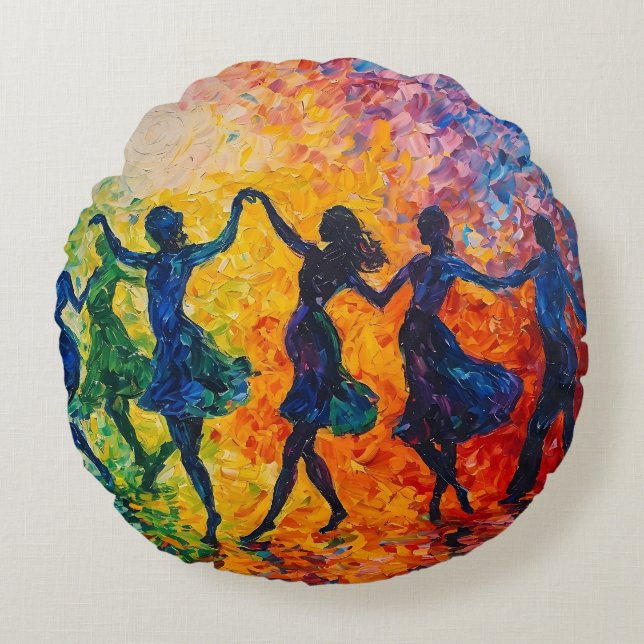 Colorful Silhouettes Dancing Round Pillow (Front)