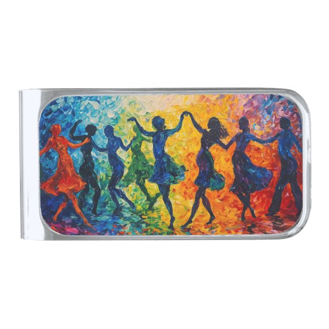 Colorful Silhouettes Dancing Silver Finish Money Clip (Front)