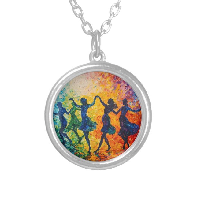 Colorful Silhouettes Dancing Silver Plated Necklace (Front)