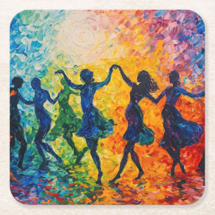 Colorful Silhouettes Dancing Square Paper Coaster