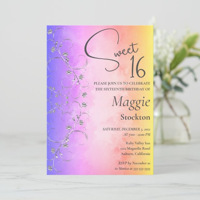 Colorful Silver Border Sweet 16 Invitation (Standing Front)