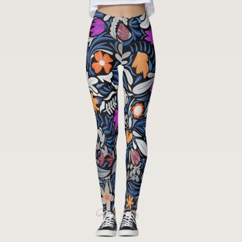 Colorful Silver Floral Leaf Illustration Pattern Leggings