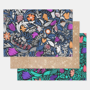 Colorful Silver Floral Leaf Illustration Pattern Wrapping Paper Sheets
