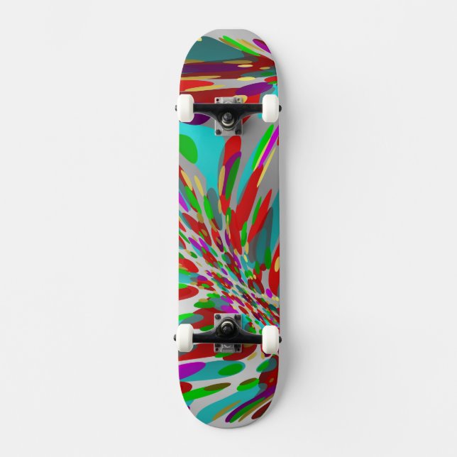 colorful, silver skateboard (Front)