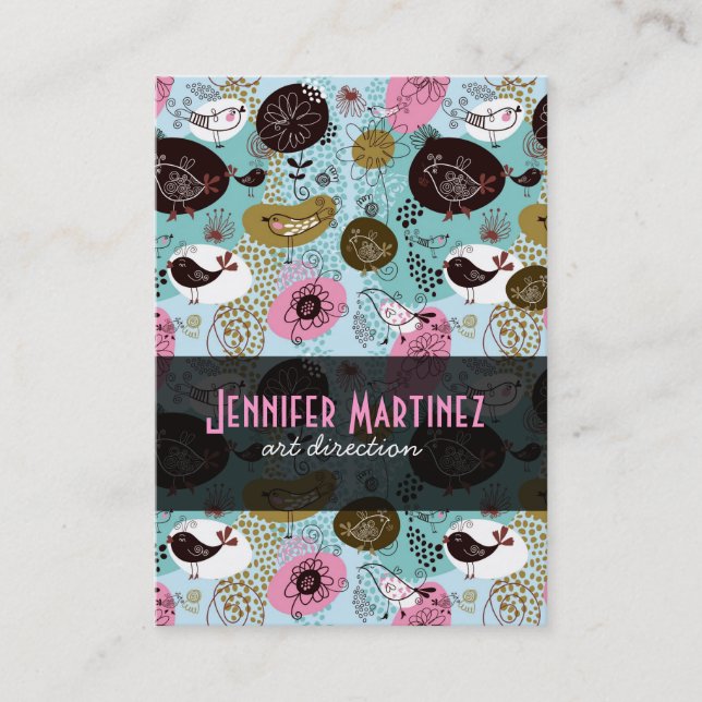 Colorful Simple Hand Drawn Retro Flowers & Birds Business Card (Front)