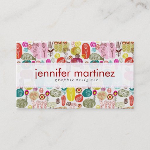 Customizable Colorful Simple Hand Drawn Retro Flowers Pattern 4 Business Cards