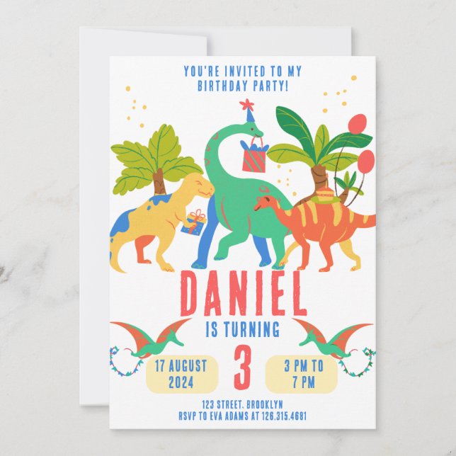 Colorful Simple Illustration Dinosaur Birthday Invitation (Front)