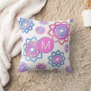 Colorful Simple Lotus Monogram Pink Pastel Green Throw Pillow