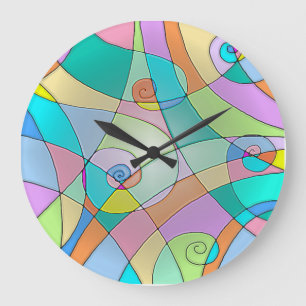 Colorful Simulated Stained Glass in Pastels Large Clock