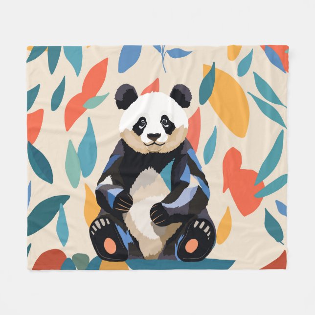 Colorful Sitting Panda Bear Matisse Inspired Fleece Blanket (Front (Horizontal))