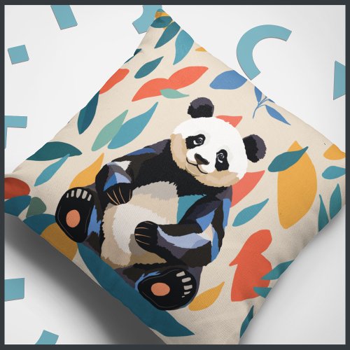 Colorful Sitting Panda Bear Matisse Inspired Throw Pillow