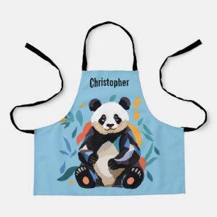 Colorful Sitting Panda Bear Personalized Name Blue Apron
