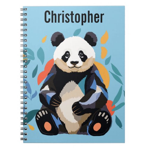 Colorful Sitting Panda Bear Personalized Name Blue Notebook