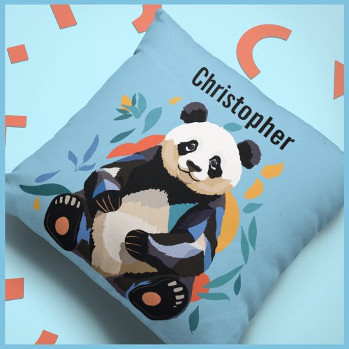 Colorful Sitting Panda Bear Personalized Name Blue Throw Pillow