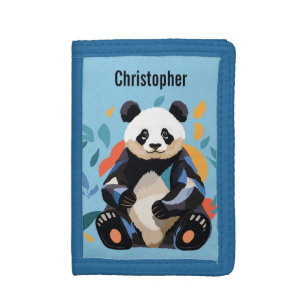 Colorful Sitting Panda Bear Personalized Name Blue Tri-fold Wallet