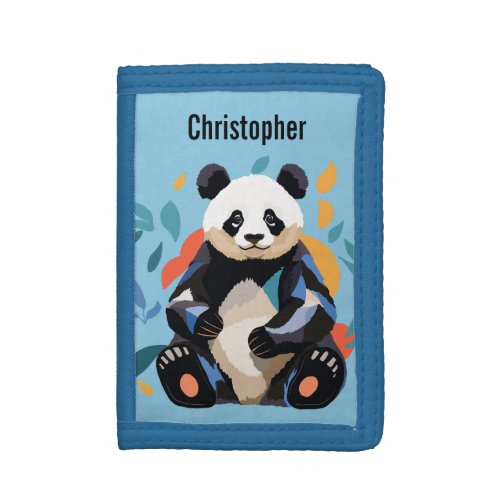 Colorful Sitting Panda Bear Personalized Name Blue Trifold Wallet