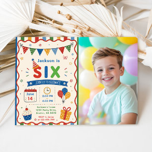 Colorful SIX 6th Birthday Party Invitation