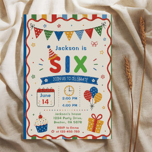 Colorful SIX 6th Birthday Party Invitation