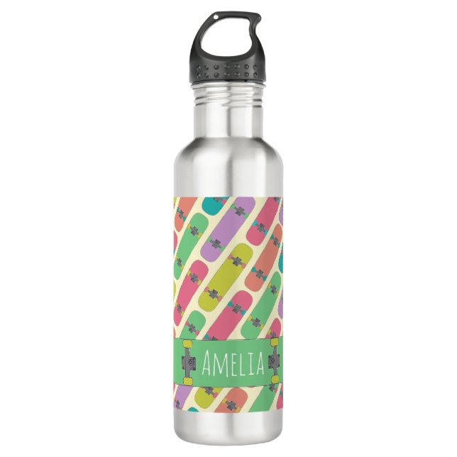 Colorful Skateboard Pattern Personalised Stainless Steel Water Bottle (Front)