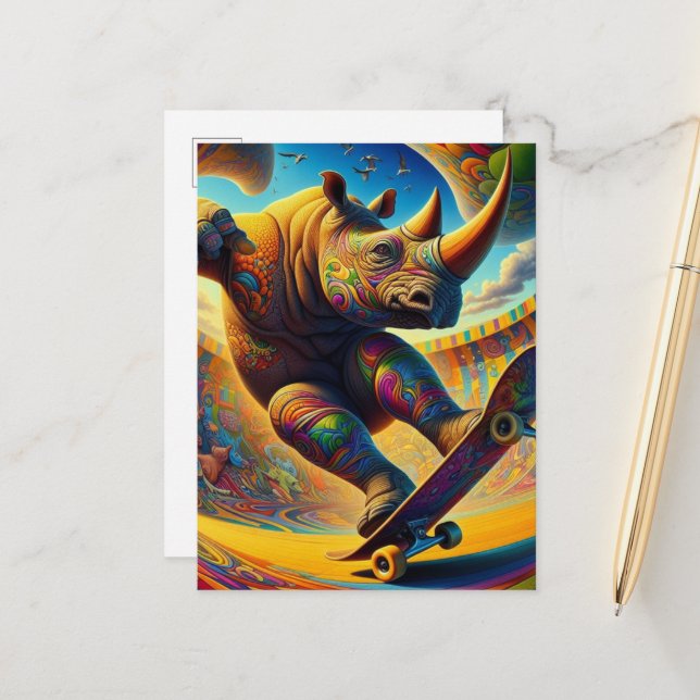 Colorful Skateboarding Rhino Postcard (Front/Back In Situ)
