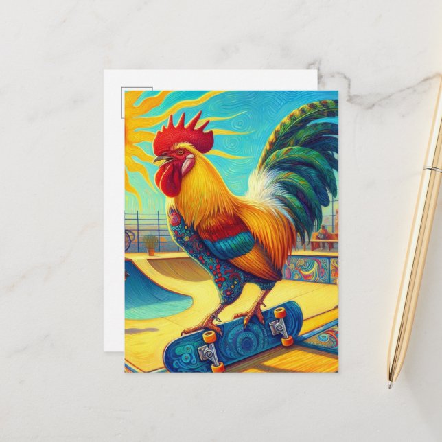 Colorful Skateboarding Rooster Postcard (Front/Back In Situ)
