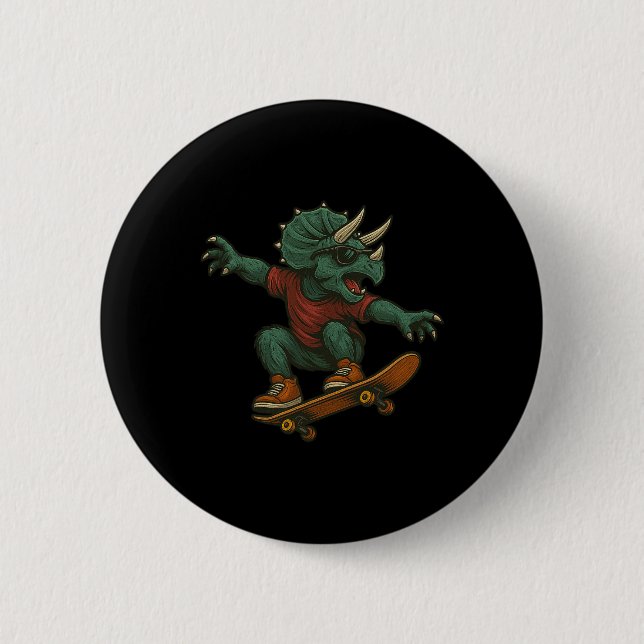 Colorful Skateboarding Triceratops Dinosaur Design Button (Front)