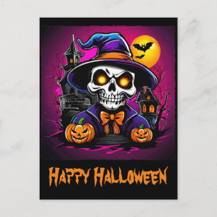 Colorful Skeleton Halloween Cartoon Pumpkin Postcard